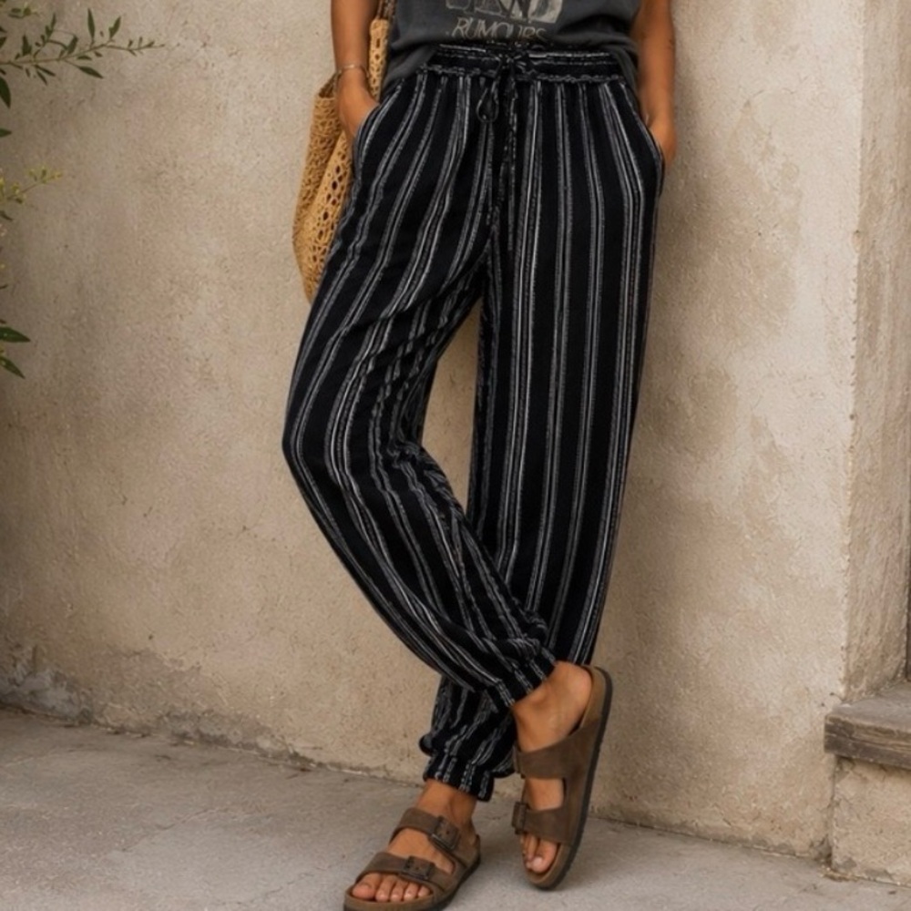 Boho Striped Balloon Pants Rayon Lounge Harem palazzo Smocked Waist Joggers XL